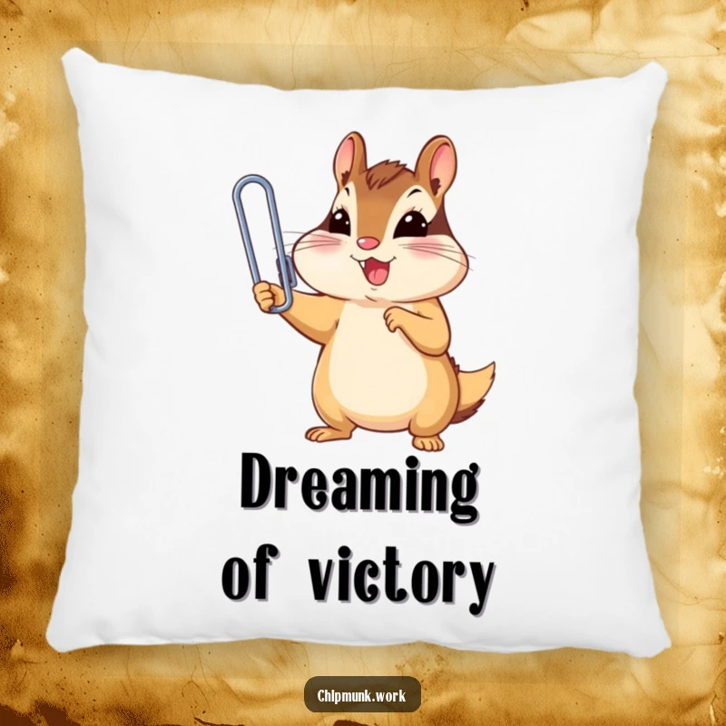 Funny chipmunk triumphantly holding a tiny, oversized paperclip, a soft and humorous decorative pillow for a funny gift.