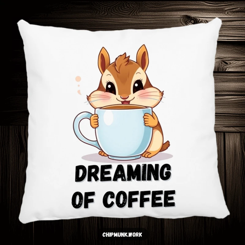 Funny chipmunk pillow, a cute critter eyes wide while sipping coffee, perfect home decor gift.