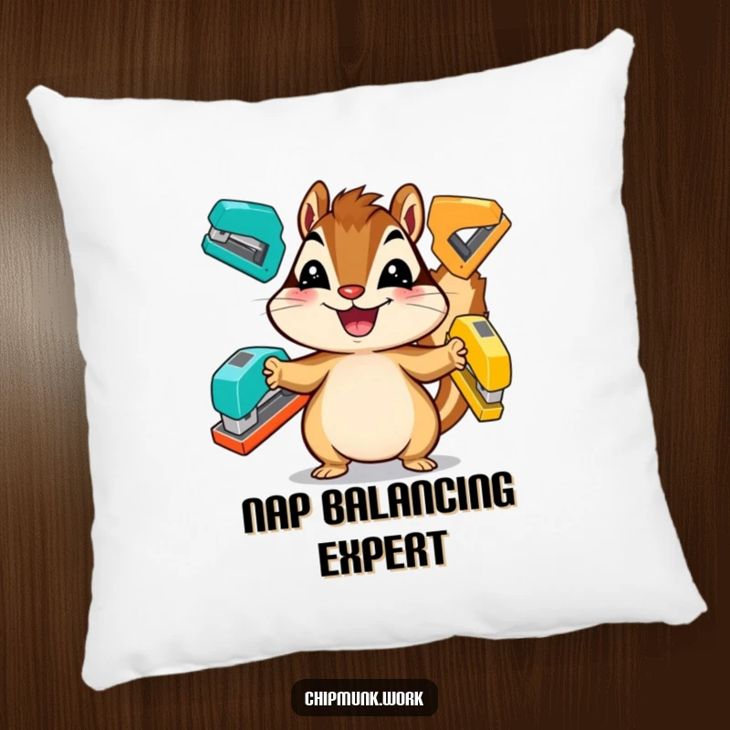 Funny chipmunk pillow, a cheerful critter juggling three staplers, perfect humorous accent.