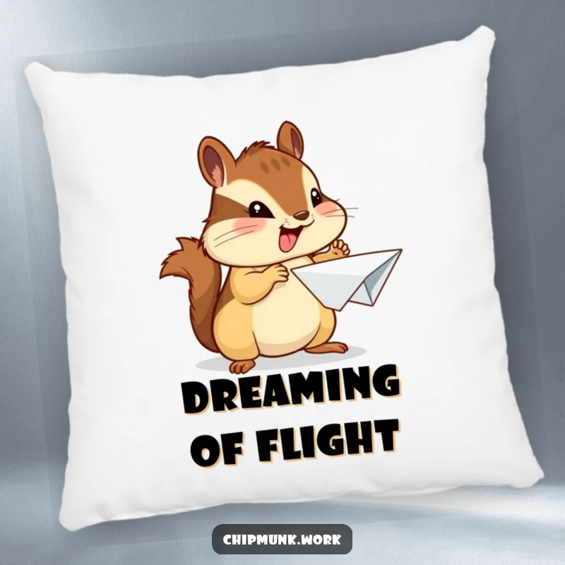 Funny chipmunk pillow featuring an enthusiastic chipmunk proudly presenting a crumpled paper airplane, soft for comfort.