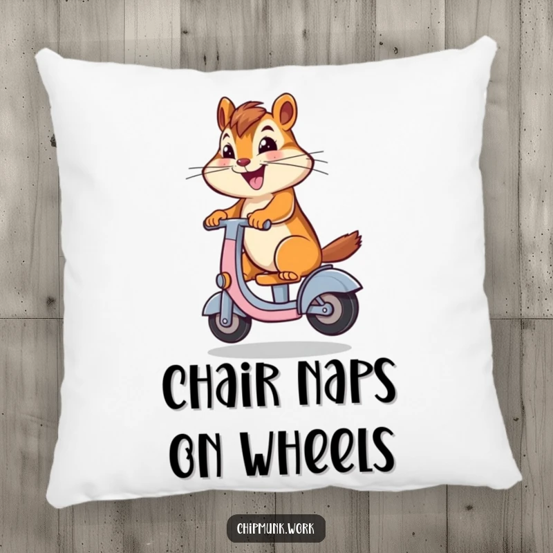 Funny chipmunk riding a desk chair scooter on a pillow, offering comfort and humorous design, perfect for a cozy and funny accent.