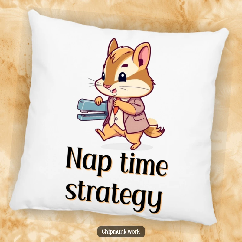 Funny chipmunk in a suit zipping past a stapler, featured on a pillow for a humorous and comfortable office accessory.