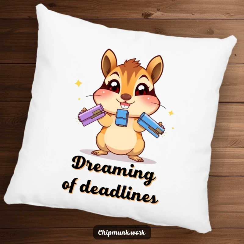 Funny chipmunk pillow featuring an excited chipmunk juggling staplers with wide eyes, adding humorous comfort.