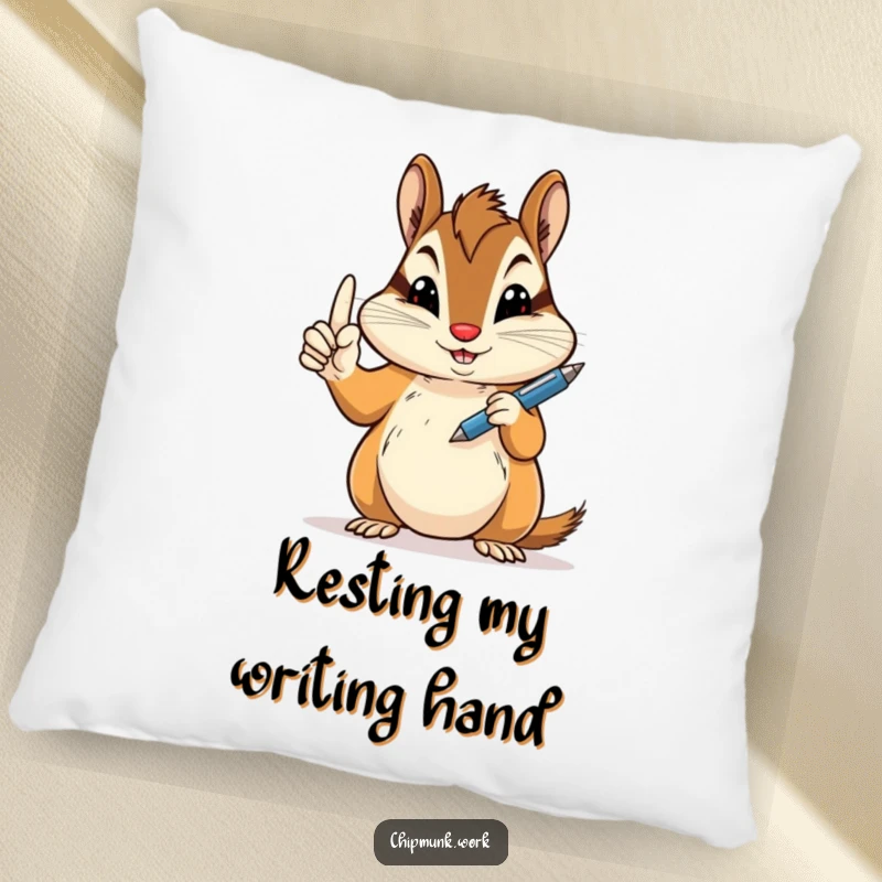 Funny peace sign chipmunk pillow with a chipmunk holding a pen jauntily, perfect funny gift.