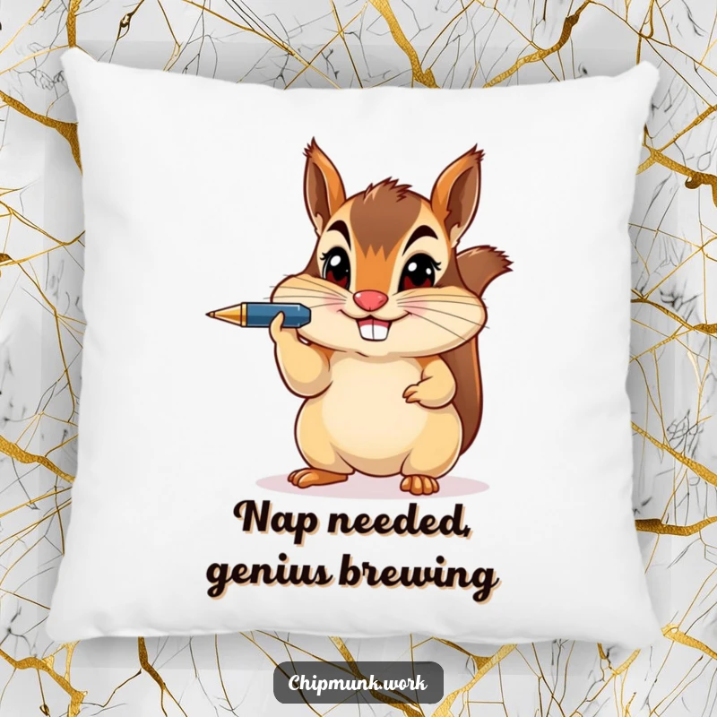 A soft pillow featuring a funny chipmunk balancing a pen on its nose with a sly, mischievous smile.