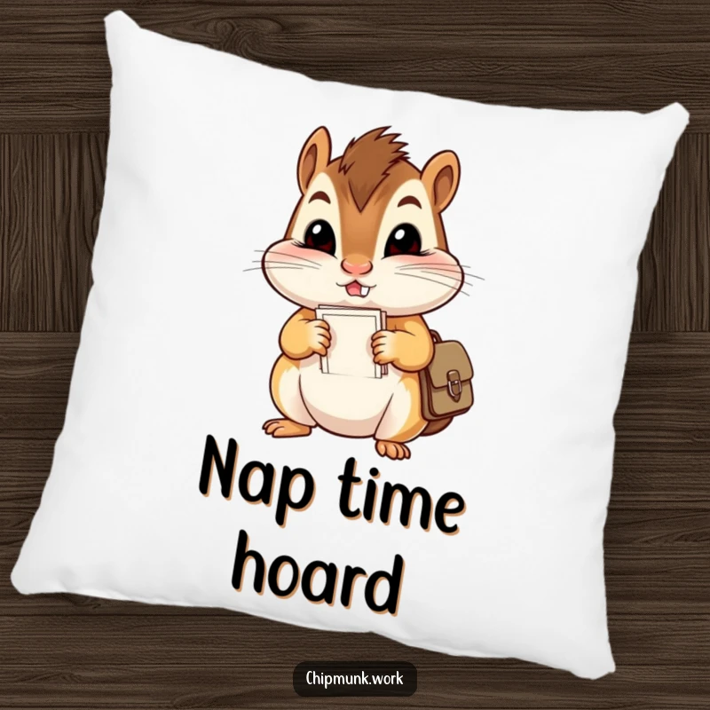 Funny pillow with a mischievous chipmunk character comically overstuffing its cheeks and satchel with papers, offering plush humor.