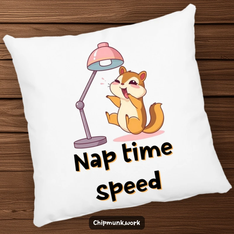 Funny chipmunk pillow, joyfully sliding down a desk lamp, a soft and hilarious addition to any room.