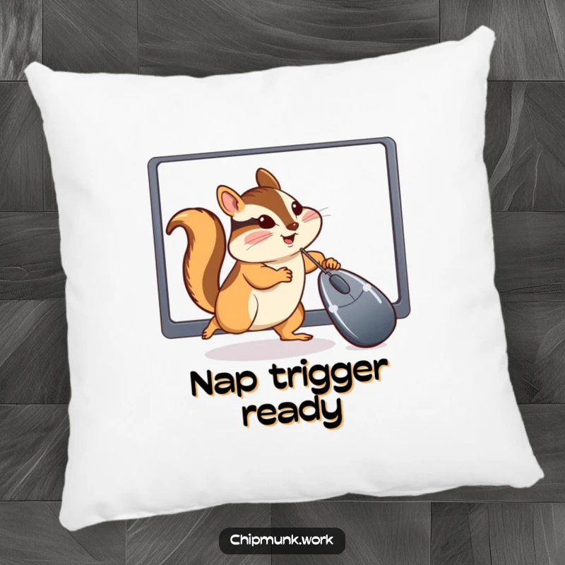 Funny Chipmunk Pillow: Soft decorative pillow featuring a chipmunk playfully chasing a computer mouse cursor, adding humor to any room.