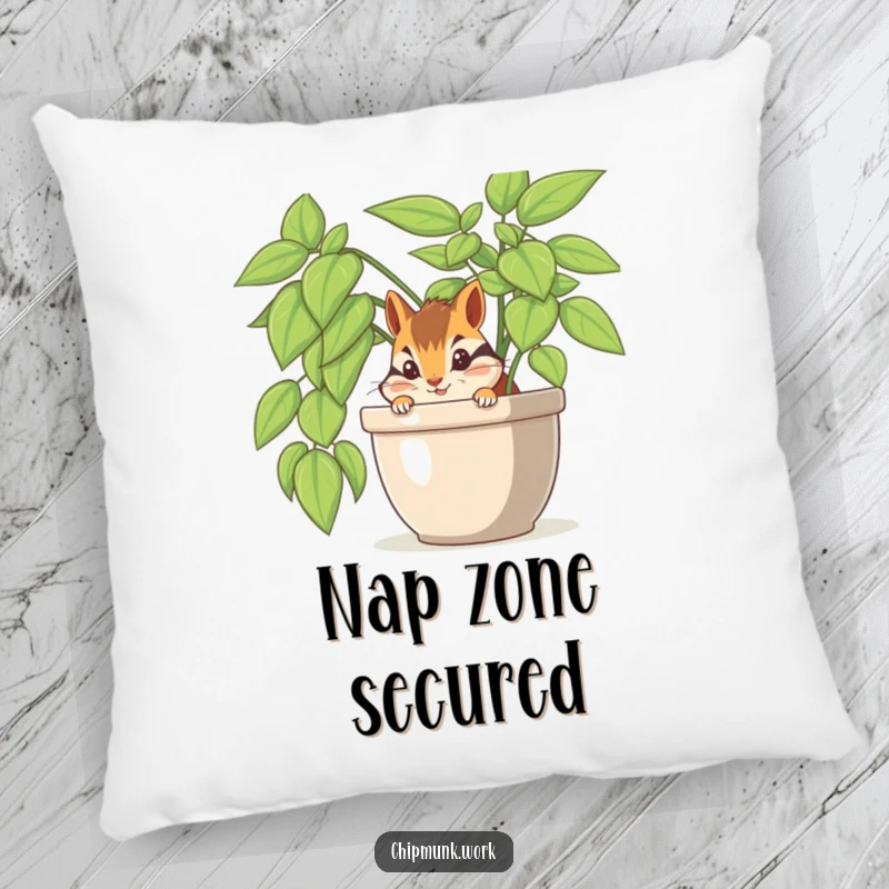 Funny chipmunk peeking out from behind an office plant, designed on a plush pillow for comfort and decor.