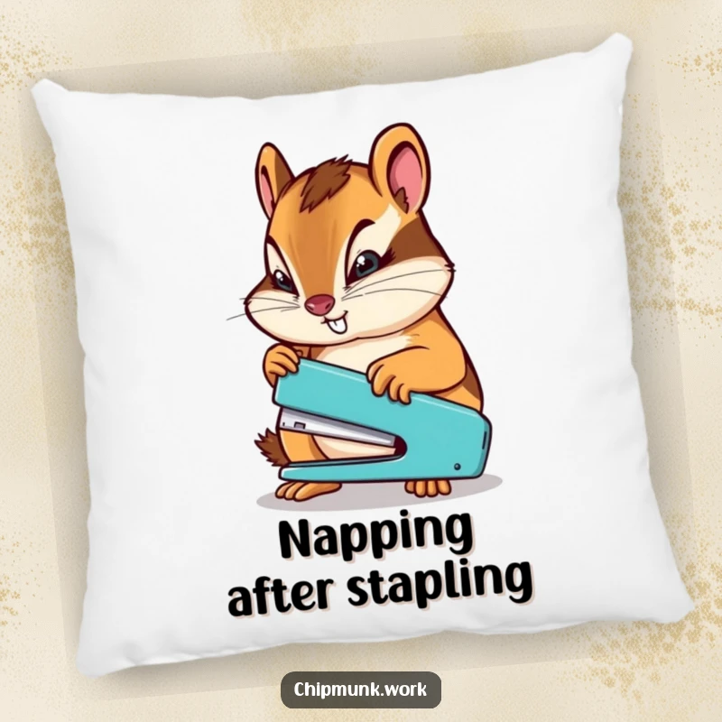 Funny chipmunk determinedly using a miniature stapler, a humorous and comfortable accent pillow for workspace comfort.
