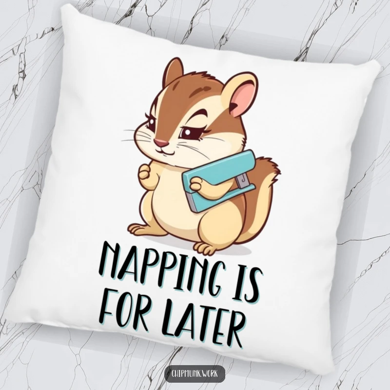 Funny Pillow: A determined chipmunk using a miniature stapler, bringing a cozy and humorous touch of office life.