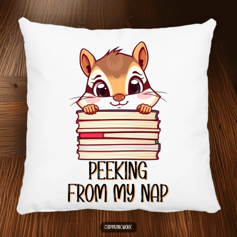 Funny chipmunk pillow featuring a curious chipmunk peeking over a stack of files with wide eyes, soft comfort.