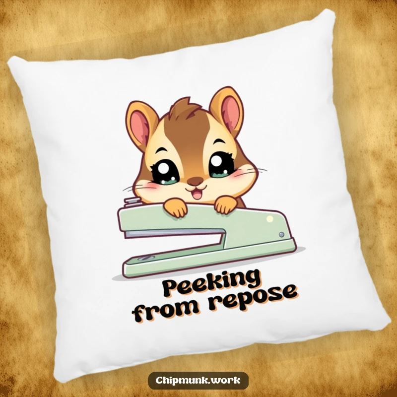 Funny kawaii chipmunk pillow featuring a cute squirrel with big, expressive eyes peeking out from behind a large stapler.