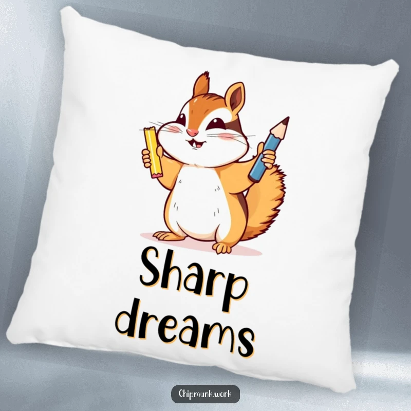 Funny chipmunk pillow, a victorious chipmunk proudly displaying a newly sharpened pencil, soft and cuddly with a humorous theme.