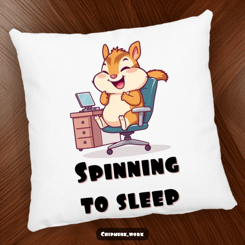 Funny Office Chipmunk Pillow: Soft decorative pillow featuring a chipmunk giggling while spinning in an office chair, perfect for desk comfort.