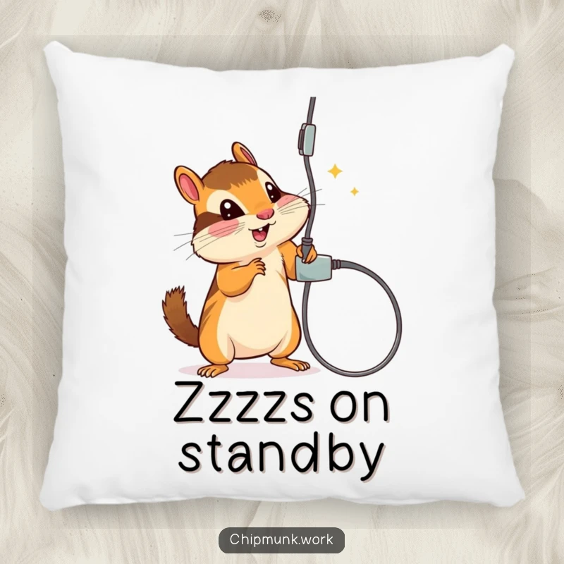 Funny pillow with a chipmunk playfully batting at a dangling electrical cord, offering cozy and humorous decor.