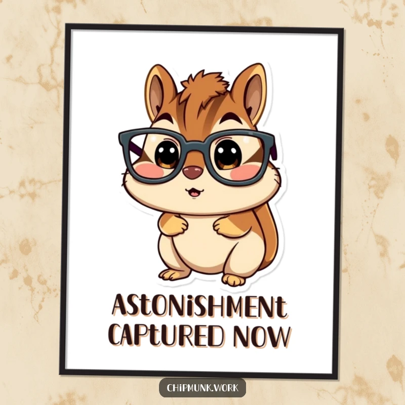 Funny chipmunk digital art print, character wearing oversized glasses, looking comically surprised, creating expressive and humorous decor.