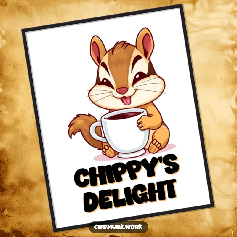 Funny chipmunk digital art print of a chipmunk with a goofy smile, happily sipping from a tiny coffee cup.