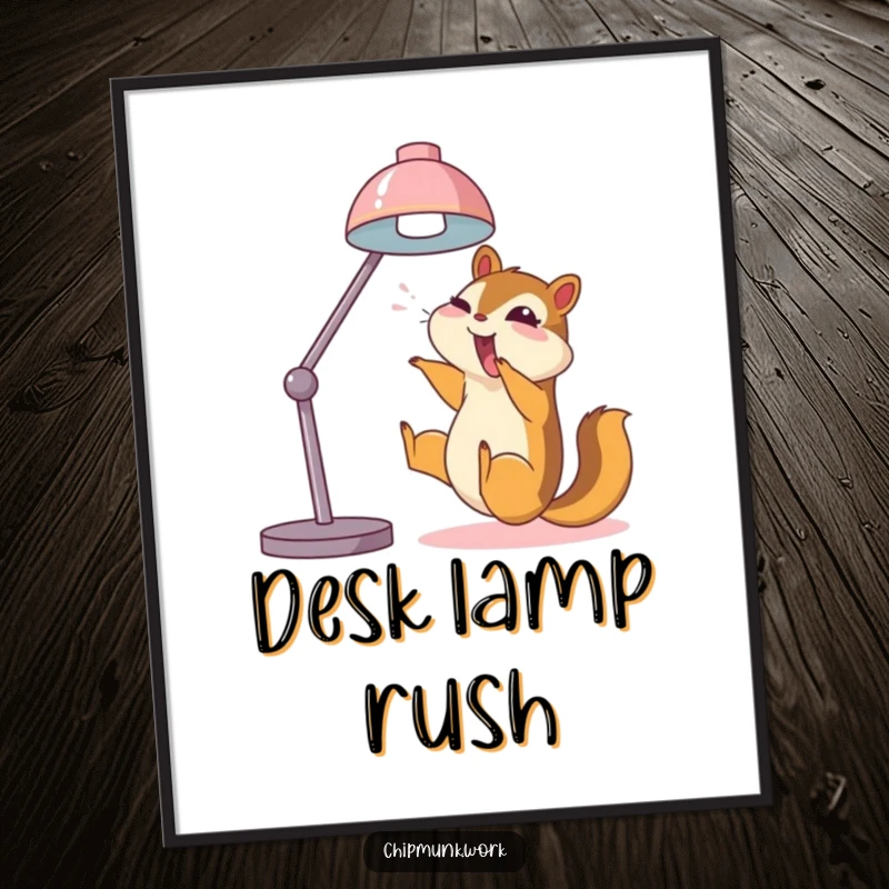 Funny chipmunk digital art print, joyfully sliding down a desk lamp, capturing pure, uninhibited animal fun.