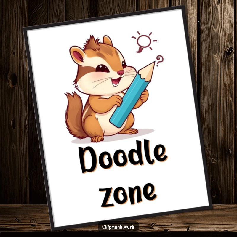 Funny chipmunk digital art print, a chipmunk artist using a giant pencil to sketch a silly, imaginative idea with enthusiasm.