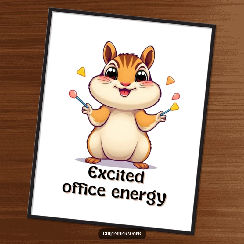 Funny Chipmunk Digital Art: Artistic print of a chipmunk juggling staplers with wide, excited eyes, embodying playful chaos, a funny gift.