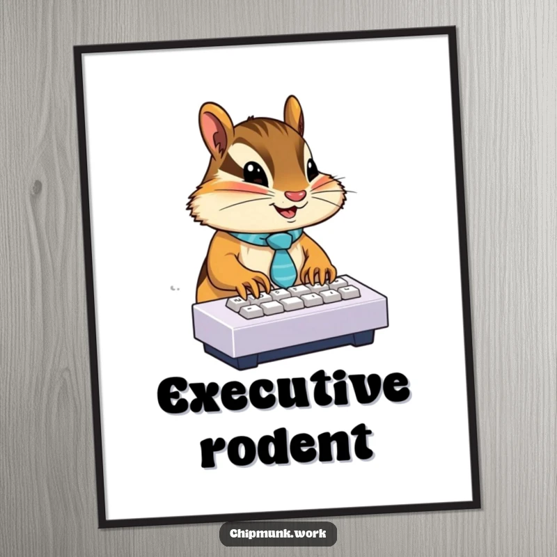 Funny digital artwork of a chipmunk in a tie, typing on a miniature keyboard, a humorous and motivational piece for instant download.