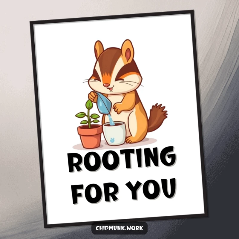 Funny chipmunk digital art print, joyfully watering a tiny potted desk plant, vibrant and humorous decor for any space.
