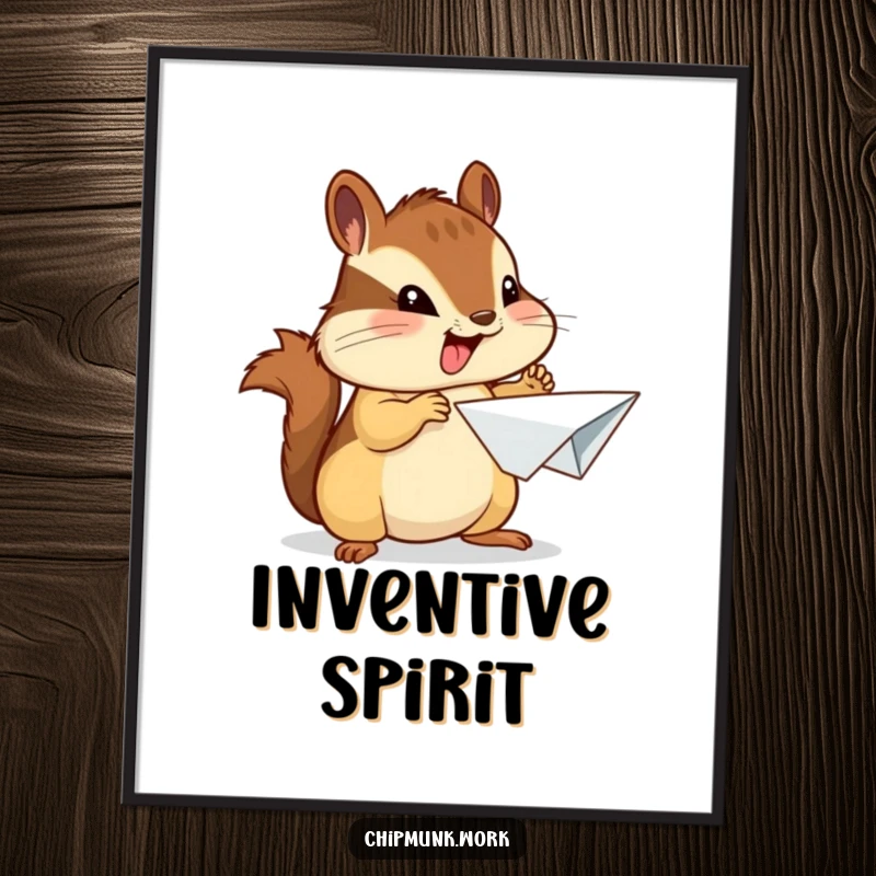 Funny chipmunk digital art print of an enthusiastic chipmunk proudly presenting a crumpled paper airplane, for instant download.