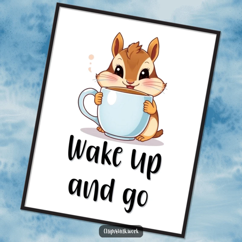 Funny chipmunk digital art print, a cute animal wide-eyed with coffee, instant decor gift.