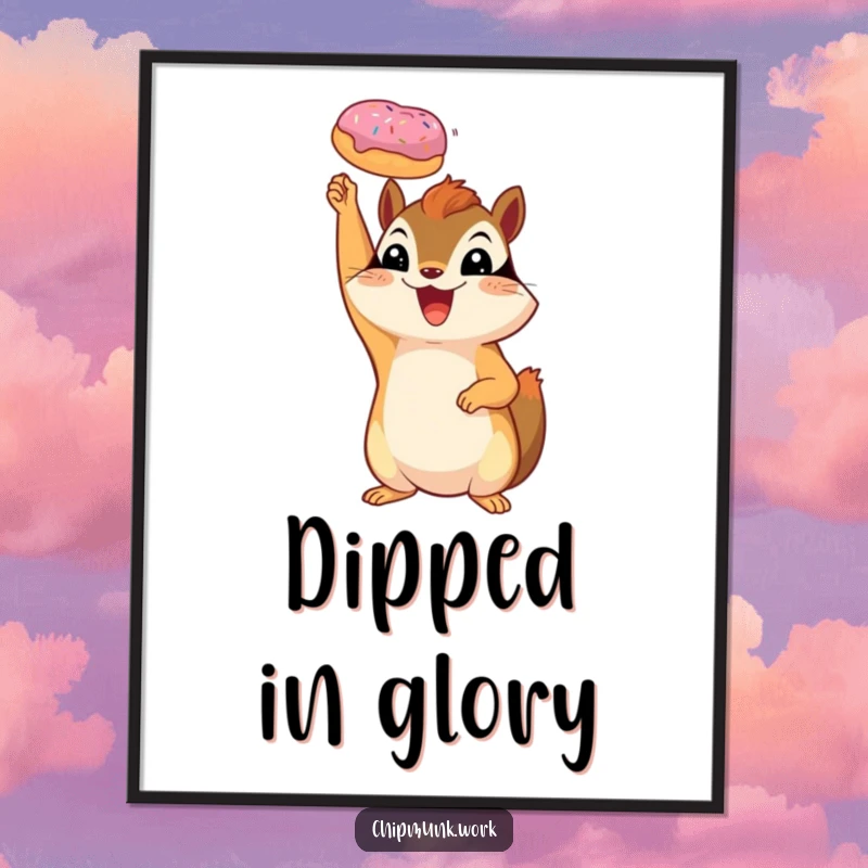 Funny chipmunk digital art print showing a gleeful squirrel holding a tiny donut triumphantly in the air.
