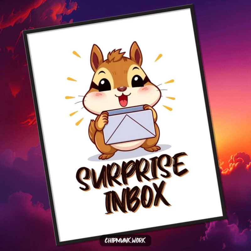 Funny surprised chipmunk digital art print of a chipmunk shocked by a bursting inbox icon, perfect funny gift.
