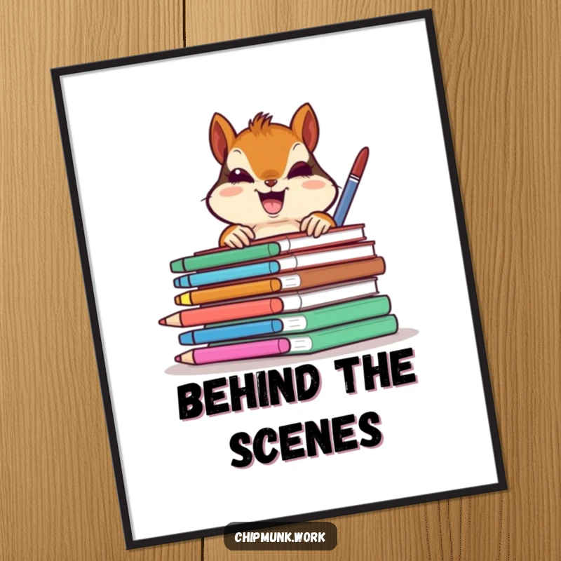 Funny chipmunk gleefully peeking from behind colorful office supplies, a humorous digital art print for a funny gift.