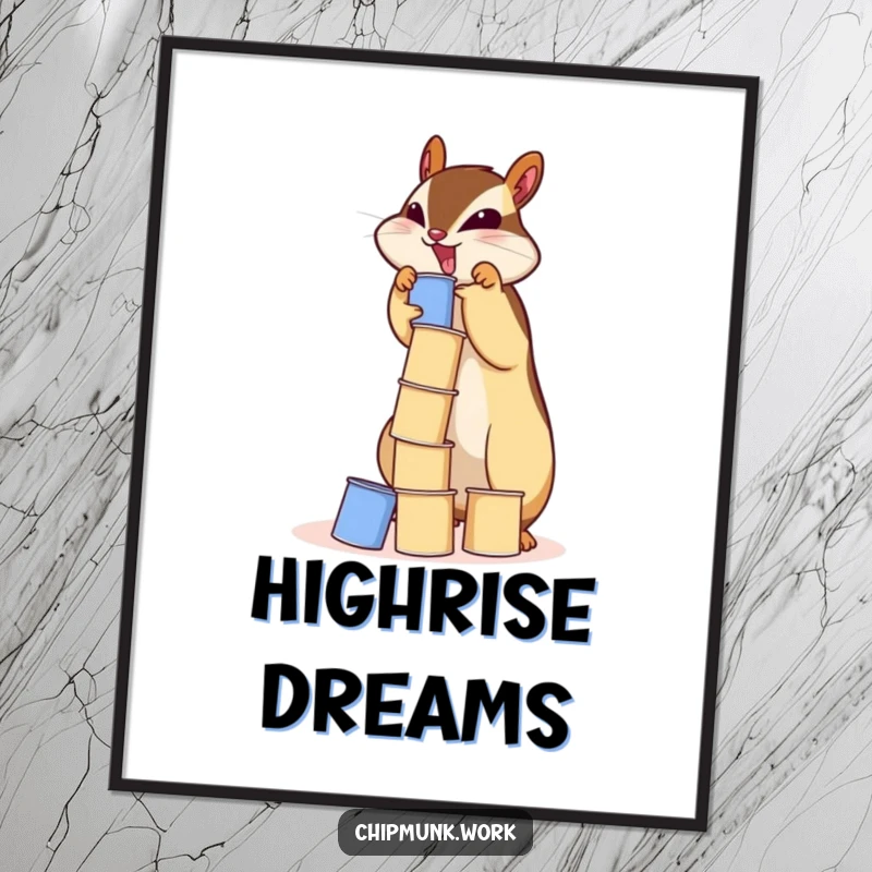 Funny chipmunk digital art print showcasing a squirrel enthusiastically building a precarious tower of tiny paper cups.