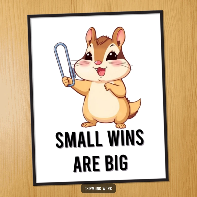 Funny chipmunk triumphantly holding a tiny, oversized paperclip, a humorous digital art print for a funny gift.