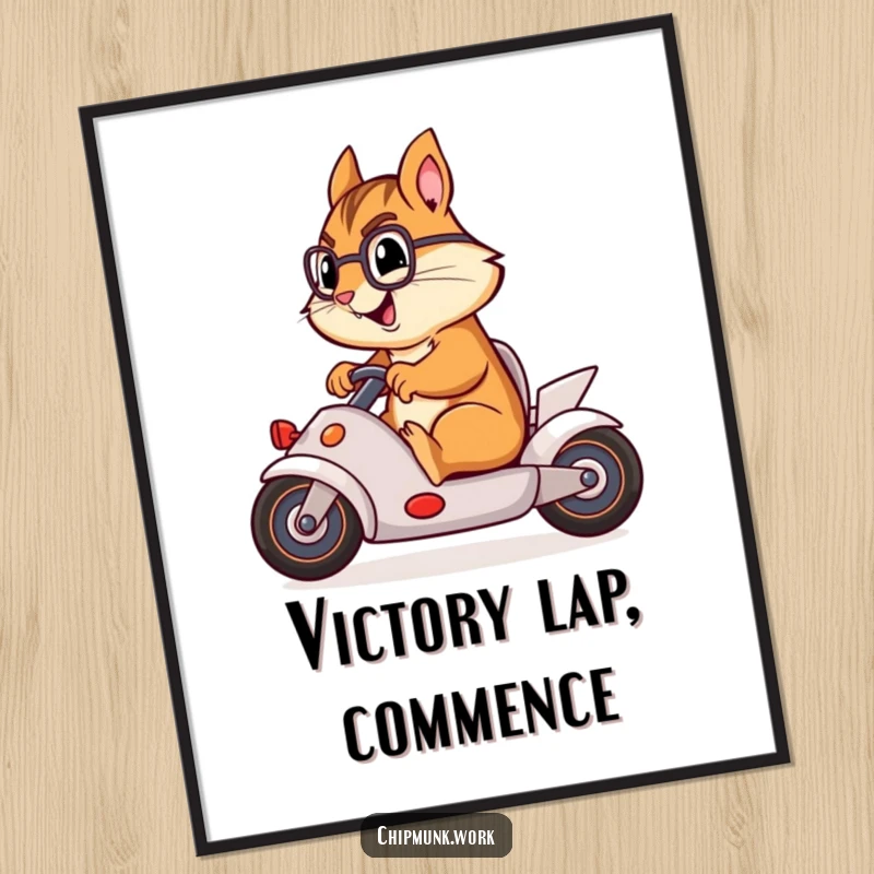 Funny chipmunk racing an office swivel chair like a car, available as a high-resolution digital art print.