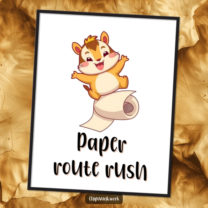 Funny digital art print depicting an energetic chipmunk character sliding down a paper roll with a joyful leap. Humorous and visually exciting artwork.