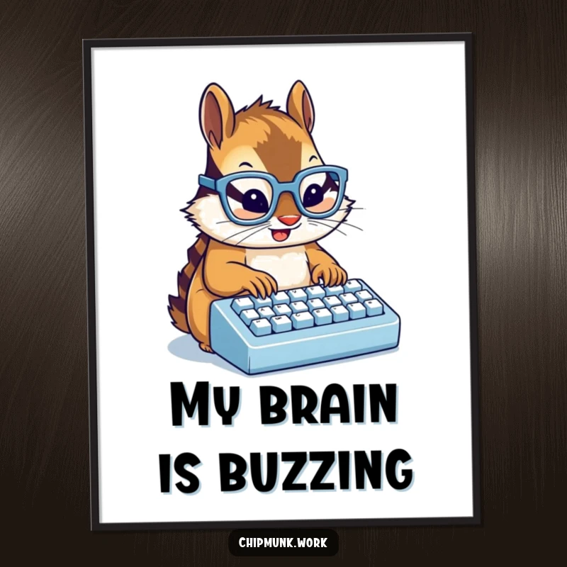 Funny chipmunk wearing tiny glasses typing on a miniature keyboard, a humorous digital art print for a funny gift.