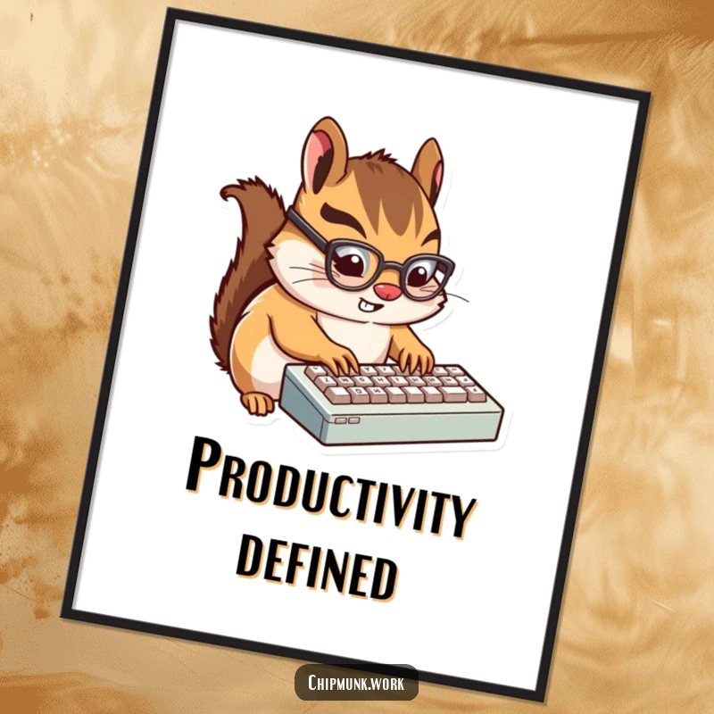 Funny Chipmunk Typist Digital Art Print: Humorous artwork of a tiny, bespectacled chipmunk eagerly typing on a miniature keyboard.