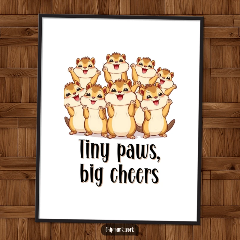 Funny digital art print of a group of kawaii chipmunks cheering with tiny paws in the air, radiating happiness and cuteness.