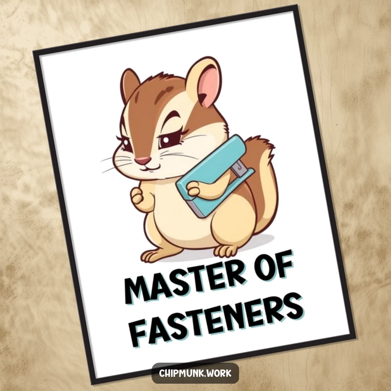 Funny Digital Art Print: A chipmunk with a determined expression using a miniature stapler, symbolizing hard work and focus.
