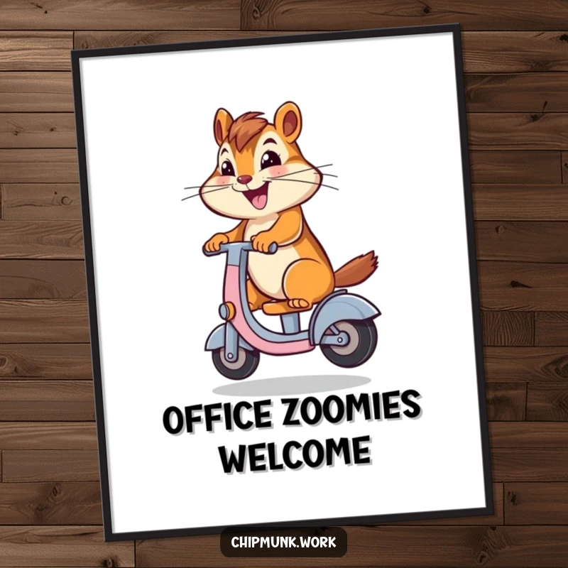 Funny chipmunk joyfully riding a desk chair like a scooter, as a digital art print, conveying spontaneous fun and office humor, perfect for gifting.