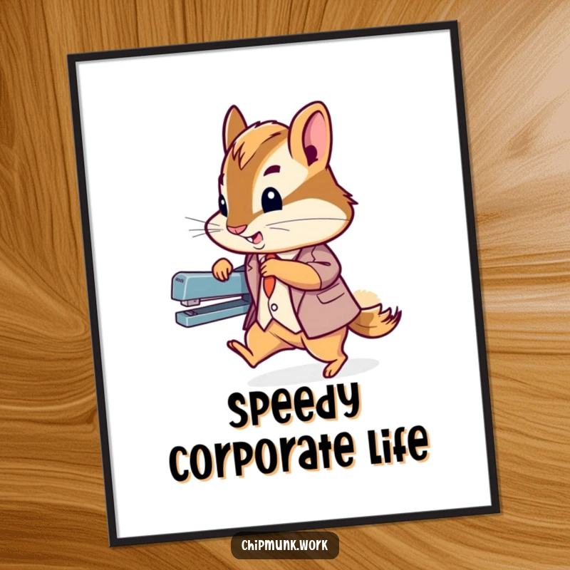 Funny chipmunk in a suit zipping past a stapler, available as a digital art print for humorous office decoration.