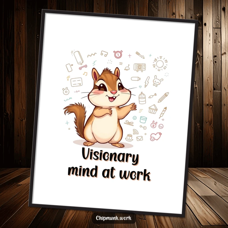 Funny chipmunk digital art print, an excited animal pointing at a whiteboard full of doodles.