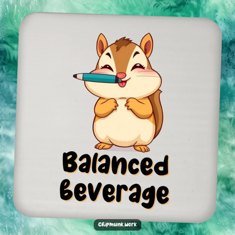 Funny drink coaster with a chipmunk balancing a pen on its nose and winking, protecting tables with humor.