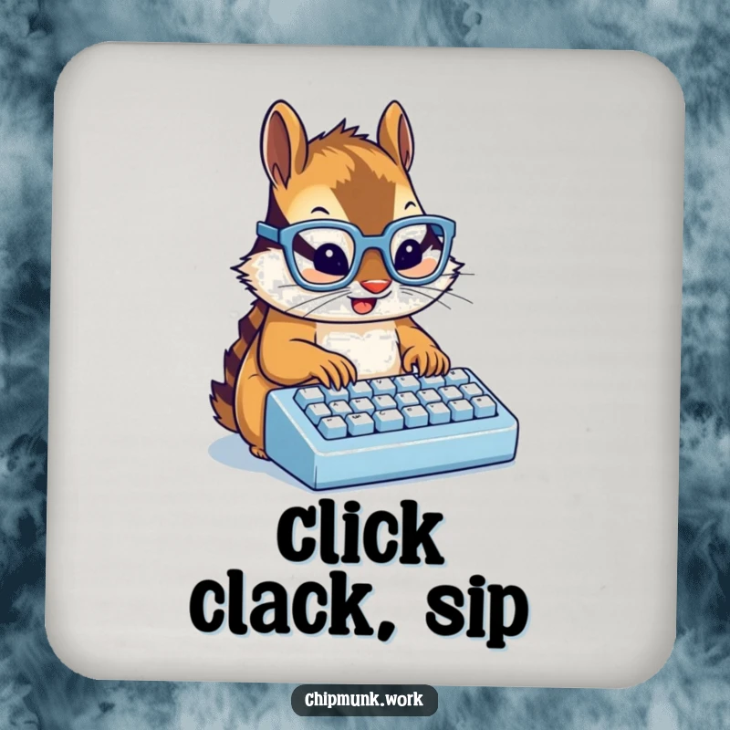 Funny chipmunk with glasses typing on a miniature keyboard, a set of humorous drink coasters for a funny gift.
