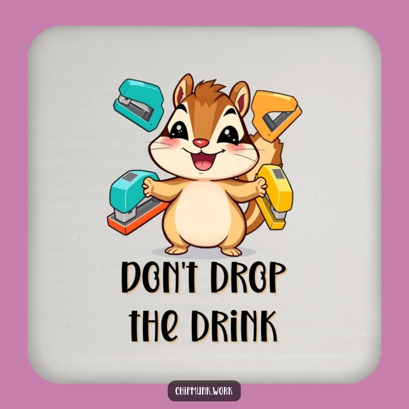 Funny Chipmunk Coaster: Juggling Stapler Art, Unique Desk Gift