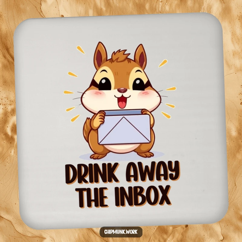 Funny surprised chipmunk coaster showing a chipmunk shocked by a bursting inbox icon, excellent funny gift.