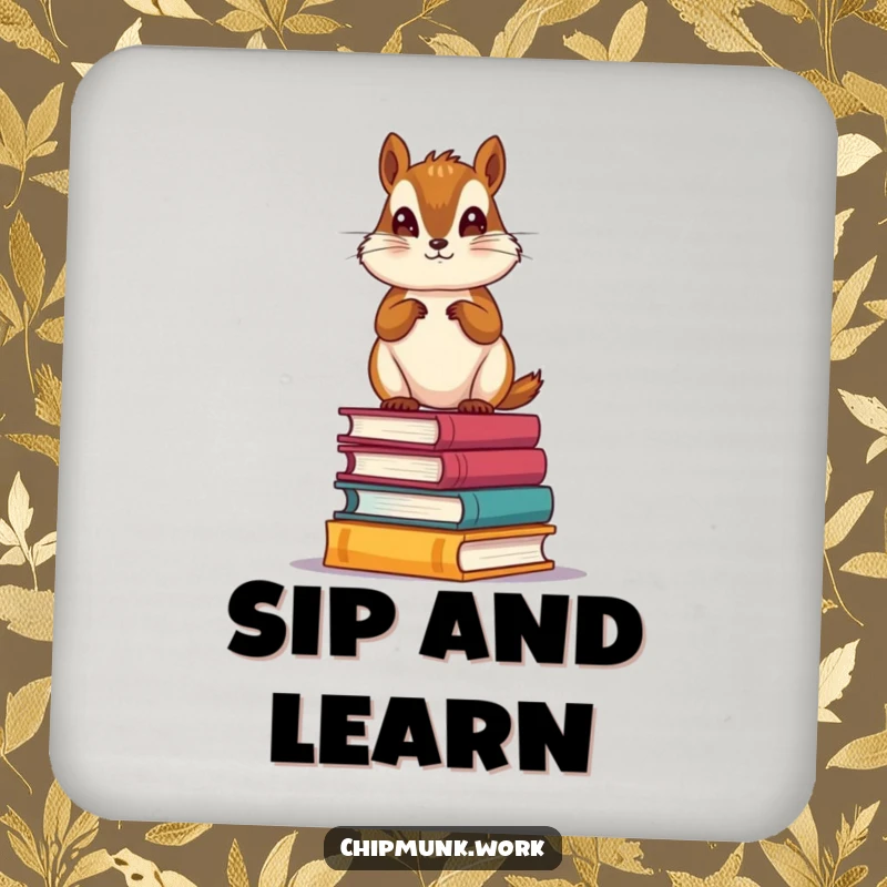 Funny Book Lover Chipmunk Coaster: Protective coaster featuring a scholarly chipmunk standing on miniature books, adding literary charm.