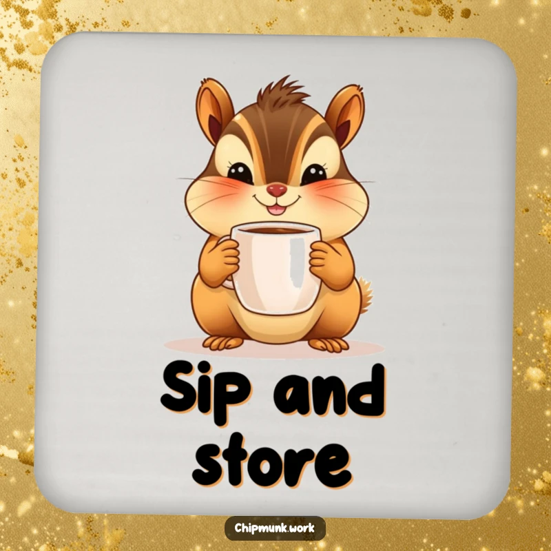 Funny drink coaster with a happy chipmunk character offering a tiny coffee mug. Protects surfaces with adorable humor.