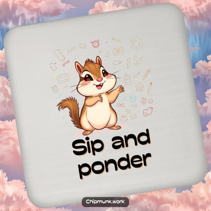 Funny chipmunk coaster, an excited critter pointing at a whiteboard covered in playful doodles.